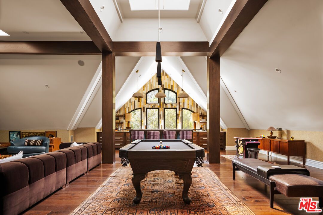 Billiard Table, Game Room, Interior, Pendant Lights, Wood Texture Flooring