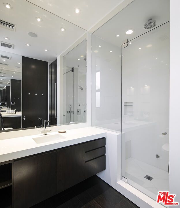 Bathroom, Dual Sink Vanities, Glass Shower, Interior, Recessed Lighting