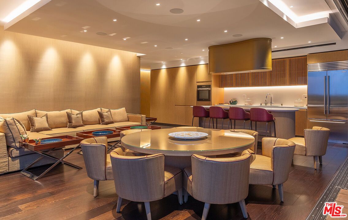 Dining room, Interior, Kitchen, Living room, Recessed Lighting, Stainless Steel Appliances, Wood Texture Flooring