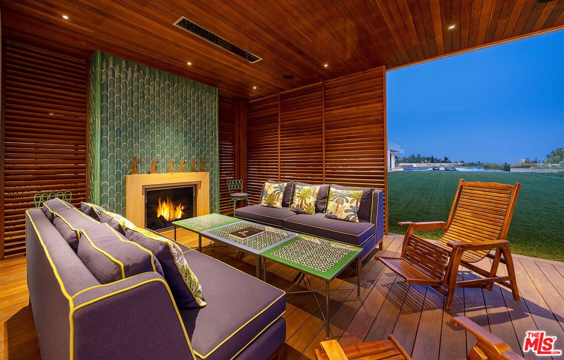 Fireplace, Interior, Living room, Recessed Lighting, Water, Wooden Ceilings, Wood Texture Flooring