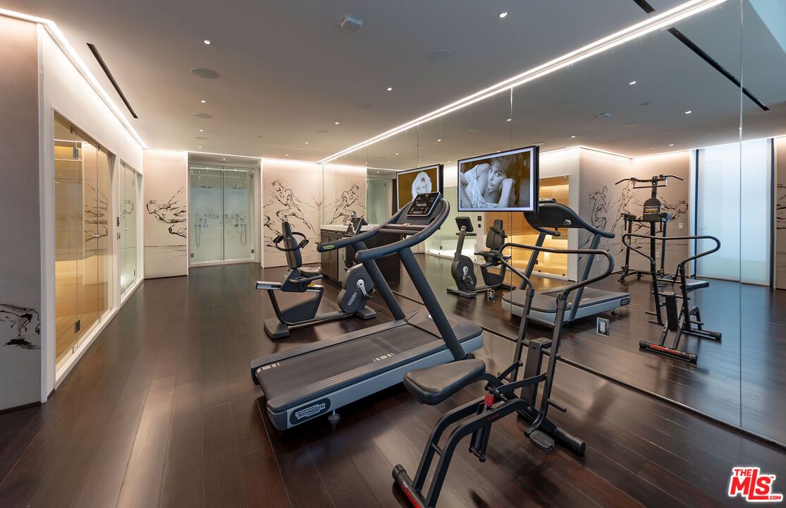 Fitness Equipment, Gym, Interior, Recessed Lighting, Wood Texture Flooring