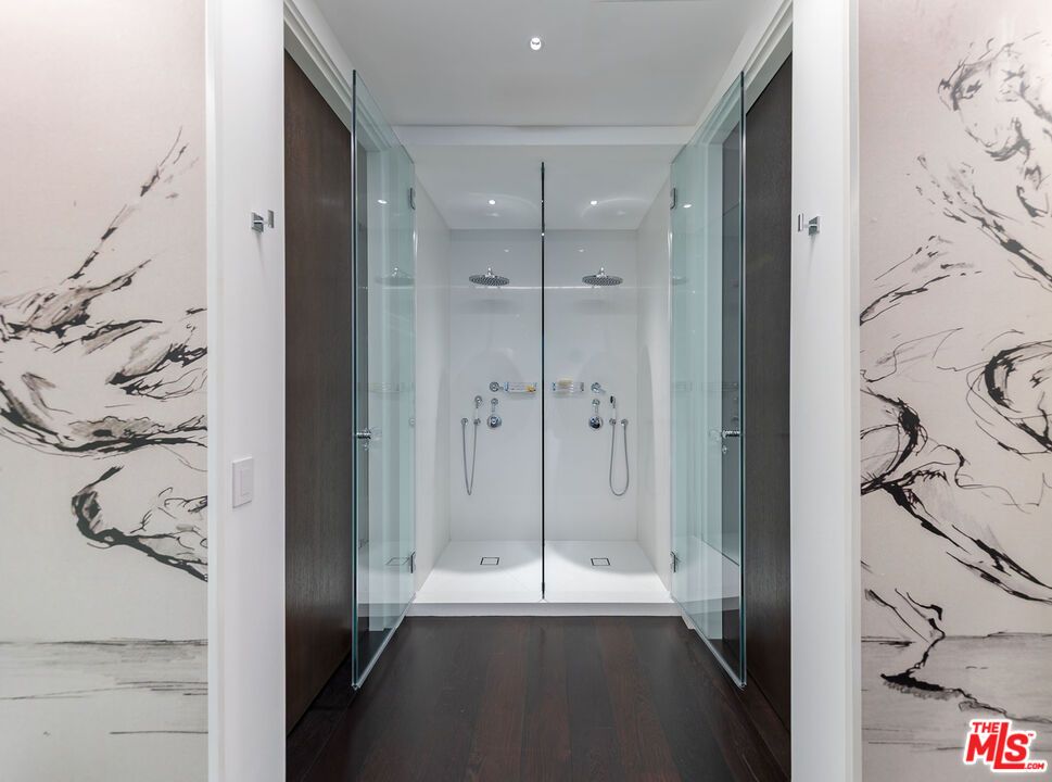 Bathroom, Glass Shower, Interior, Recessed Lighting, Wood Texture Flooring