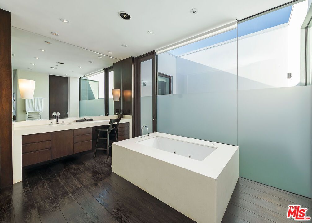 Bathroom, Dual Sink Vanities, Interior, Recessed Lighting, Wood Texture Flooring