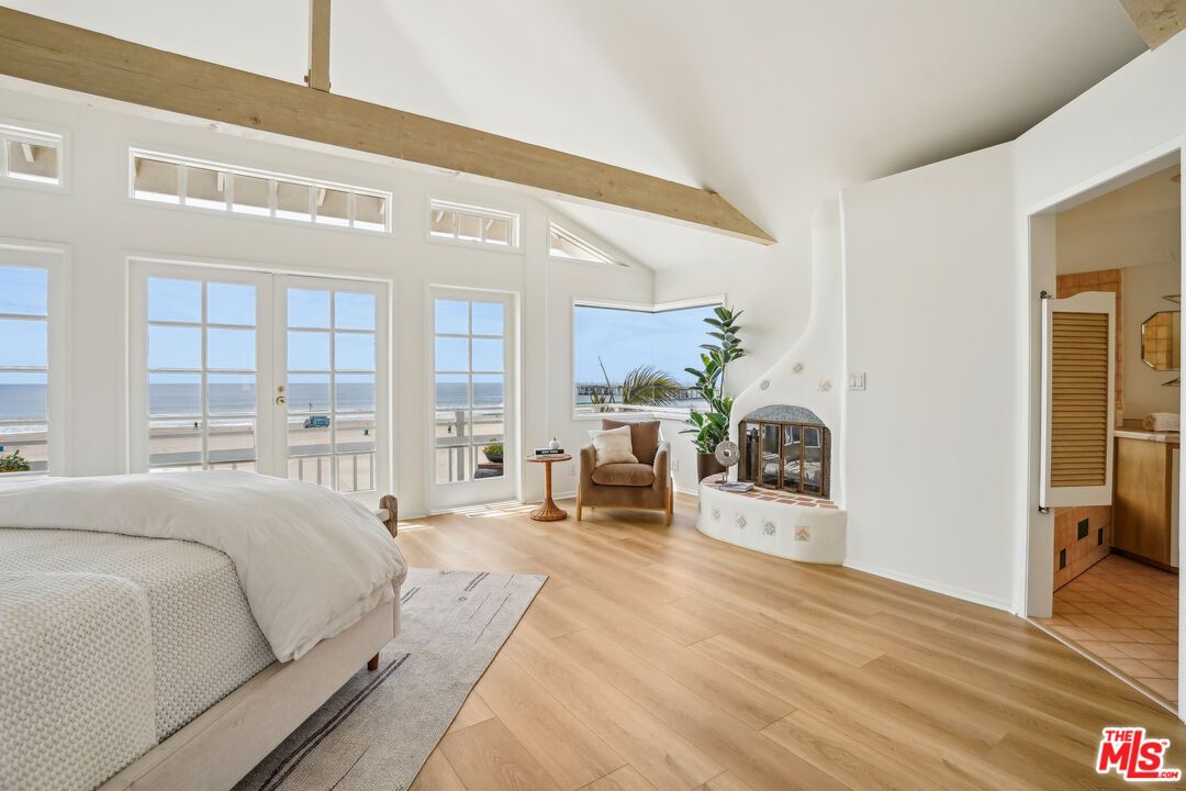 Bedroom, Fireplace, Interior, Water, Wooden Beams, Wood Texture Flooring