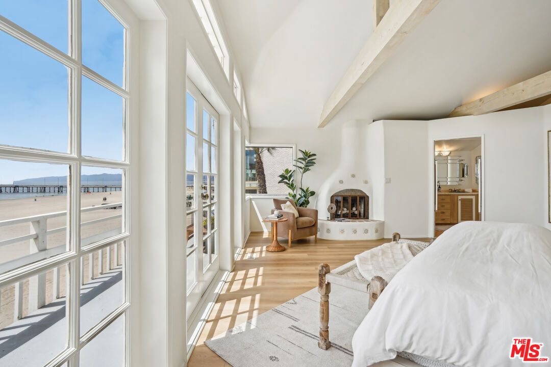 Bedroom, Fireplace, Interior, Water, Wooden Beams, Wood Texture Flooring