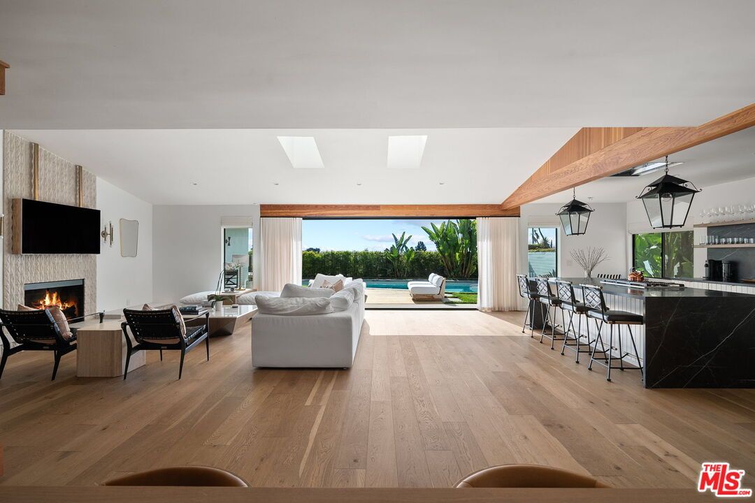 Fireplace, Interior, Kitchen, Living room, Pendant Lights, Recessed Lighting, Wooden Beams, Wood Texture Flooring