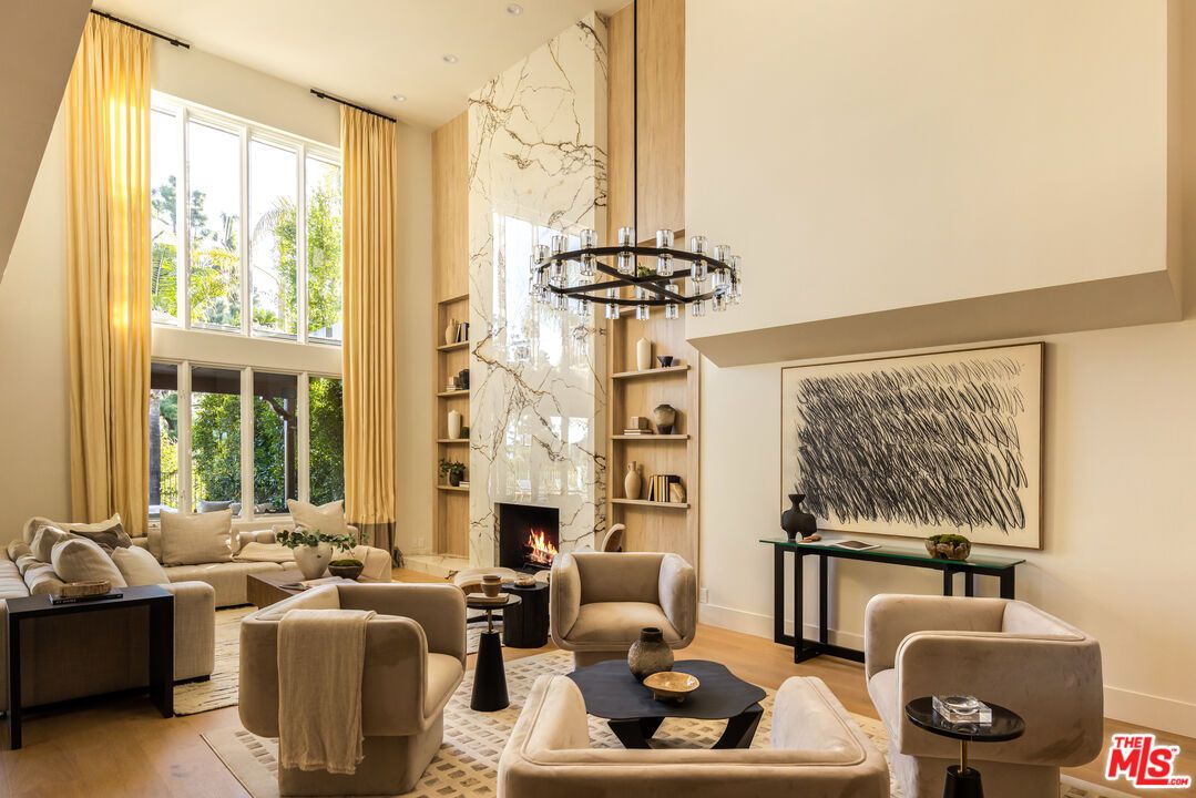 Fireplace, Interior, Living room, Marble Walls, Recessed Lighting, Wood Texture Flooring