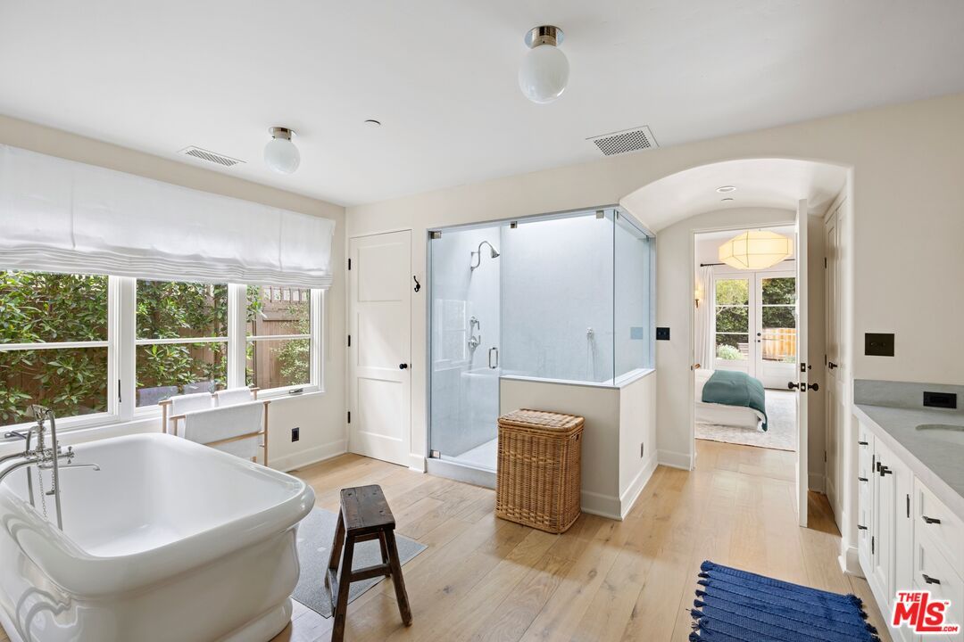 Bathroom, Free Standing Baths, Glass Shower, Interior, Wood Texture Flooring