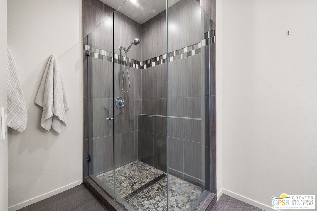Bathroom, Glass Shower, Interior, Recessed Lighting, Wood Texture Flooring
