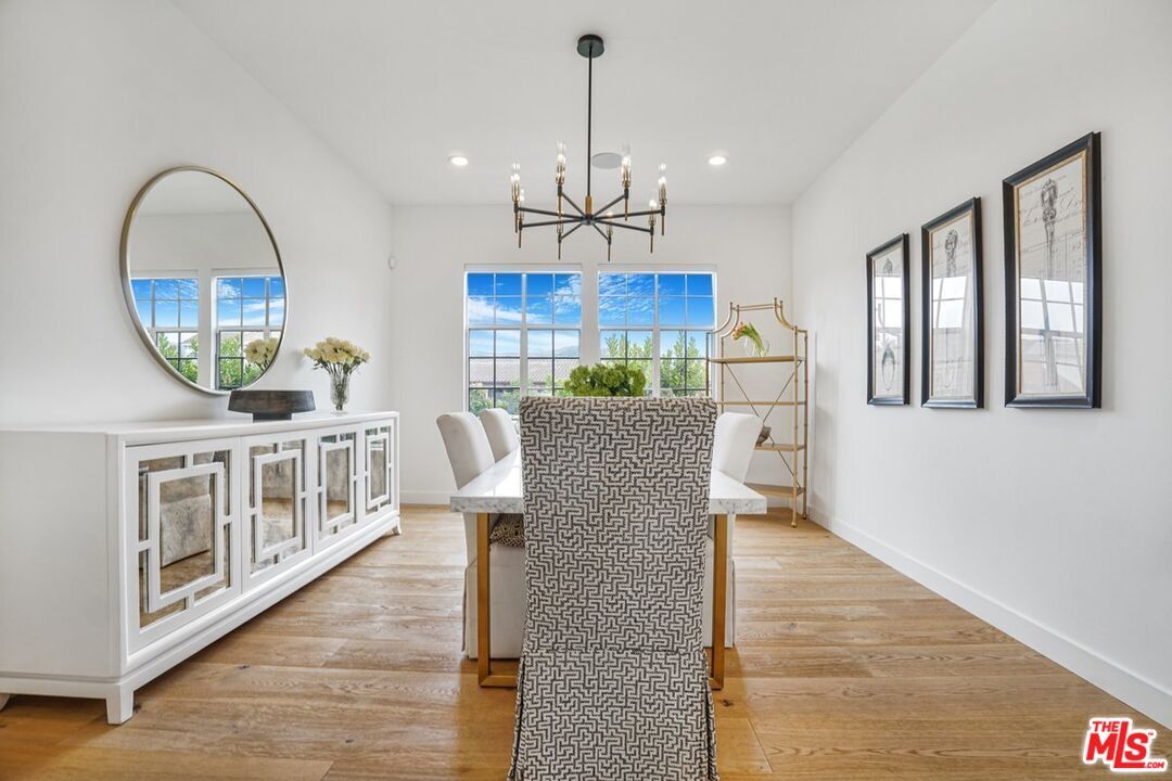 Dining room, Interior, Pendant Lights, Recessed Lighting, Wood Texture Flooring