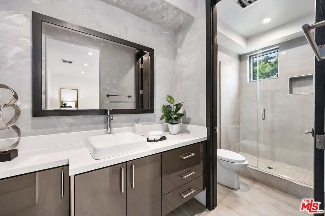 Bathroom, Glass Shower, Interior, Recessed Lighting, Wood Texture Flooring