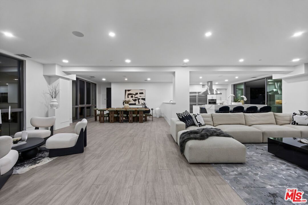Dining room, Interior, Kitchen, Living room, Recessed Lighting, Wood Texture Flooring