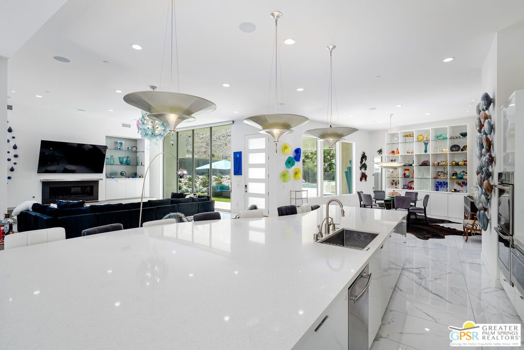 Dining room, Fireplace, Interior, Kitchen, Living room, Marble, Pendant Lights, Recessed Lighting