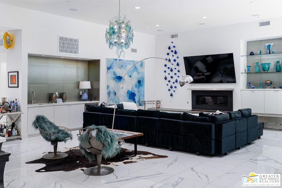 Fireplace, Interior, Living room, Marble, Pendant Lights, Recessed Lighting