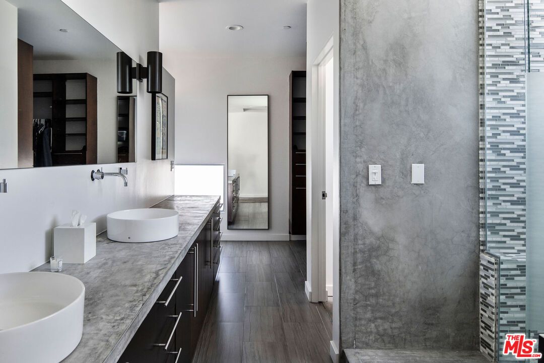 Bathroom, Dual Sink Vanities, Free Standing Baths, Interior, Recessed Lighting, Wood Texture Flooring
