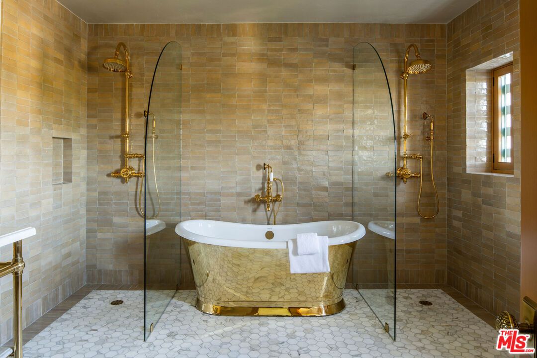 Bathroom, Free Standing Baths, Glass Shower, Interior, Stone Walls