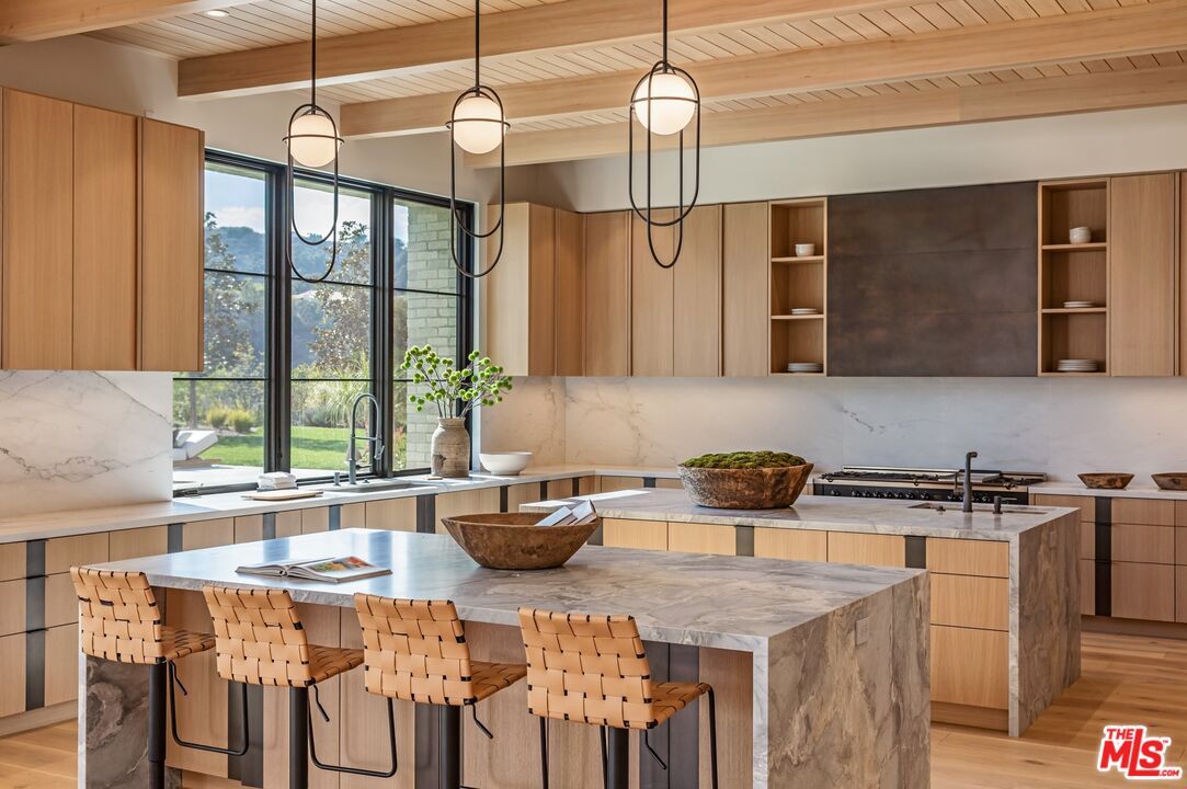 Interior, Kitchen, Marble Walls, Pendant Lights, Stainless Steel Appliances, Wooden Beams, Wooden Ceilings, Wood Texture Flooring