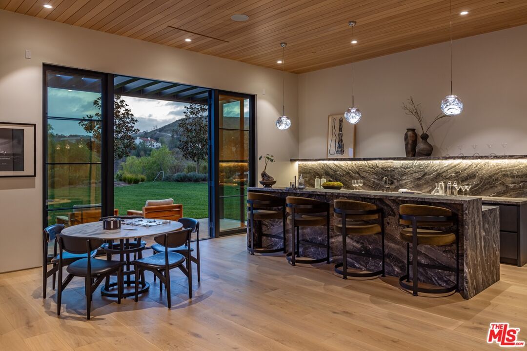 Dining room, Interior, Pendant Lights, Recessed Lighting, Wooden Ceilings, Wood Texture Flooring