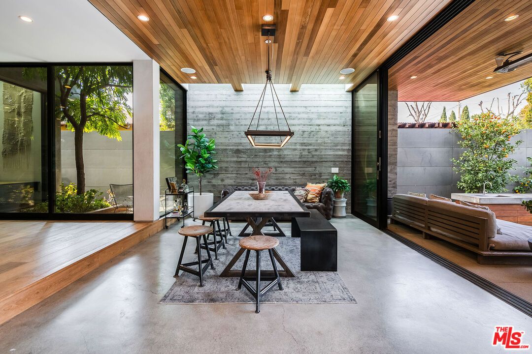Dining room, Interior, Recessed Lighting, Stone Walls, Wooden Ceilings