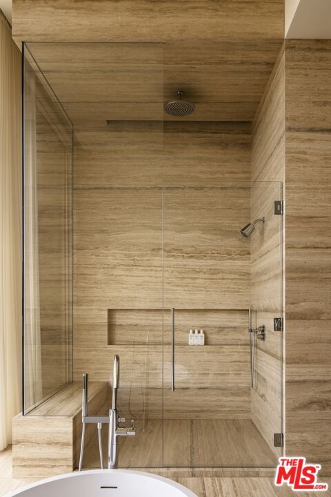 Bathroom, Glass Shower, Interior, Wooden Ceilings, Wood Texture Flooring, Wooden Walls