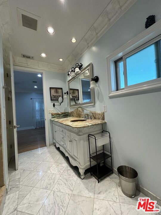 Bathroom, Interior, Marble, Recessed Lighting, Wood Texture Flooring