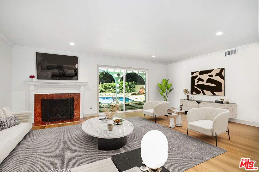 Fireplace, Interior, Living room, Recessed Lighting, Wood Texture Flooring