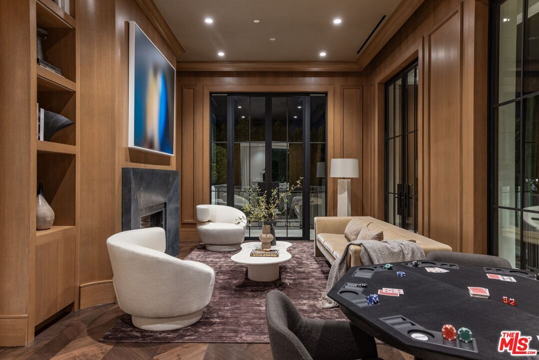 Fireplace, Interior, Living room, Recessed Lighting, Wood Texture Flooring, Wooden Walls