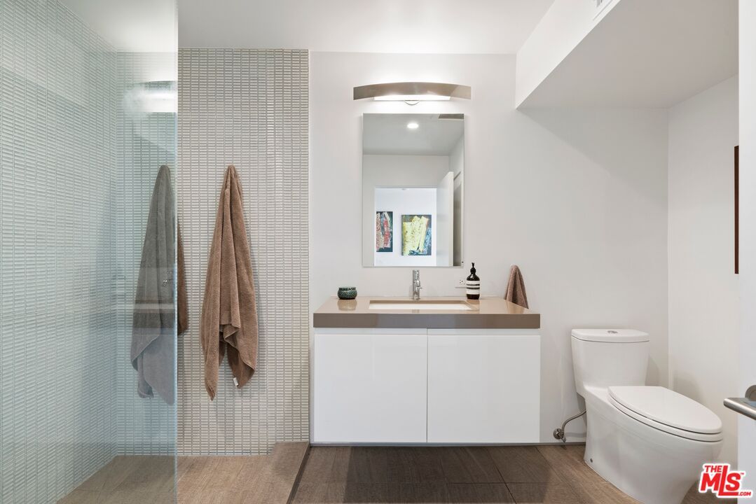 Bathroom, Glass Shower, Interior, Wood Texture Flooring