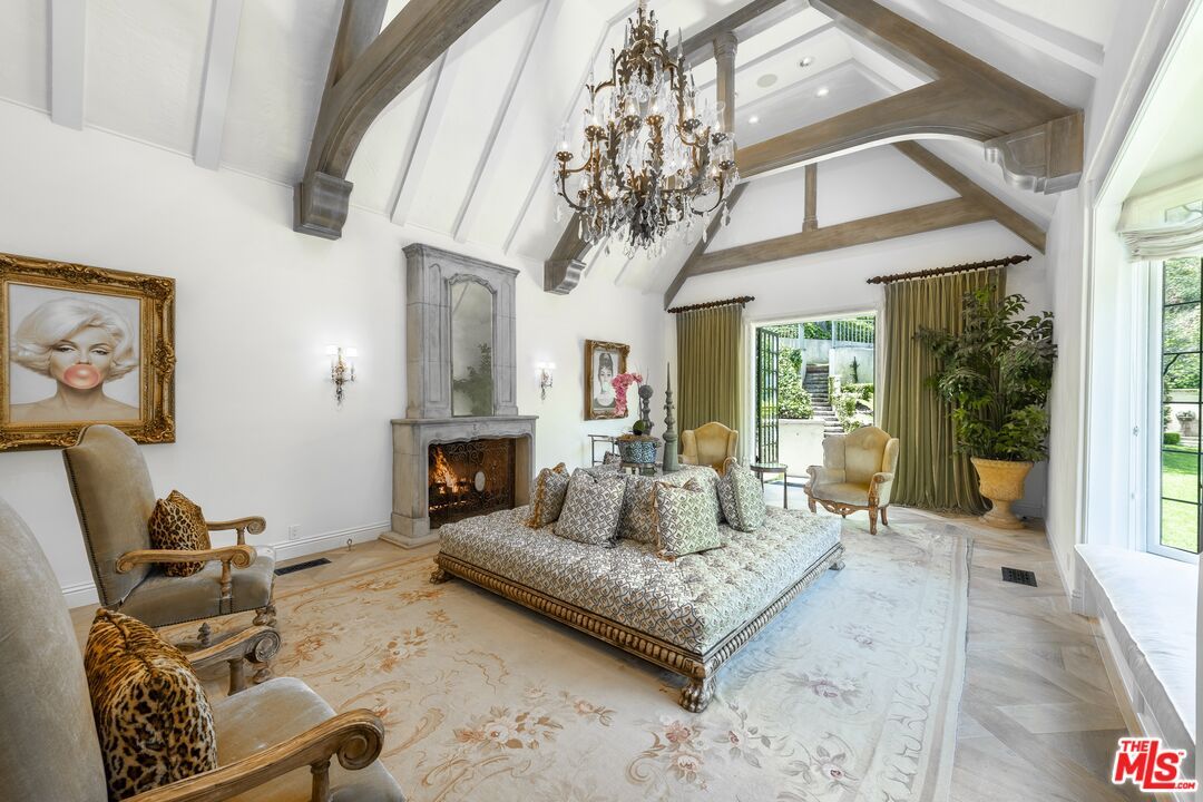 Chandelier, Fireplace, Interior, Living room, Recessed Lighting, Wooden Beams, Wood Texture Flooring