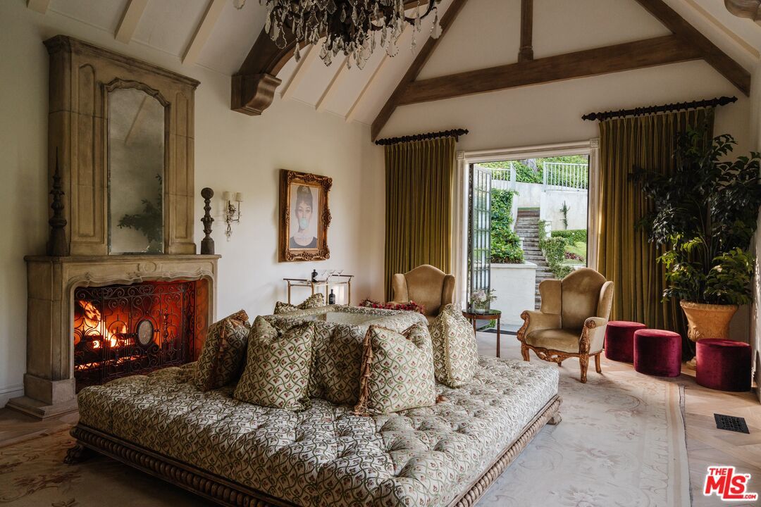 Chandelier, Fireplace, Interior, Living room, Wooden Beams