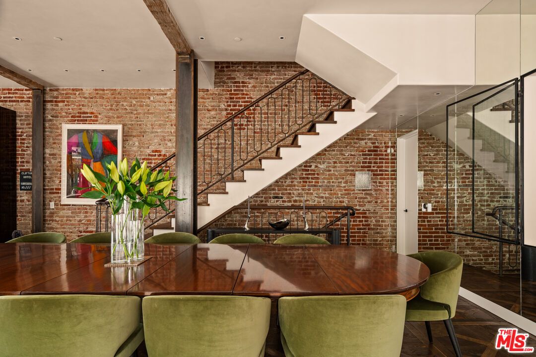 Dining room, Interior, Recessed Lighting, Stone Walls, Wood Texture Flooring
