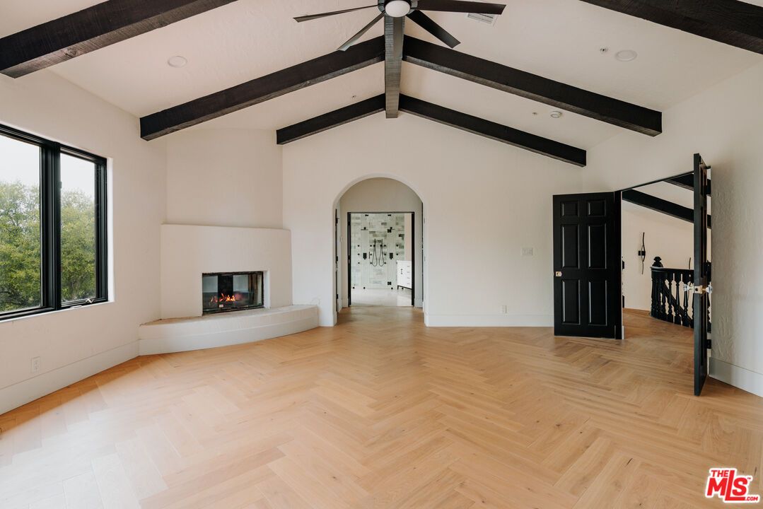Empty room, Fireplace, Interior, Recessed Lighting, Wooden Beams, Wood Texture Flooring