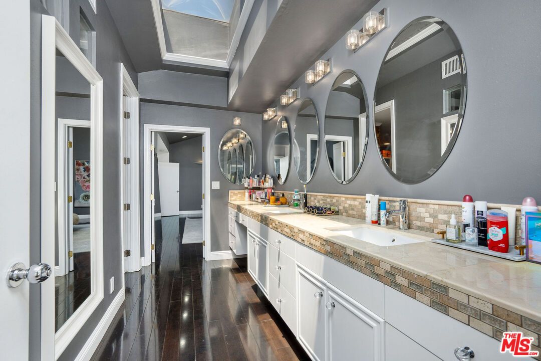 Bathroom, Dual Sink Vanities, Interior, Tile Countertops, Wood Texture Flooring