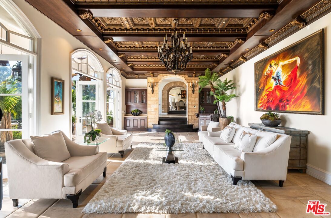 Chandelier, Fireplace, Interior, Living room, Recessed Lighting, Wooden Beams