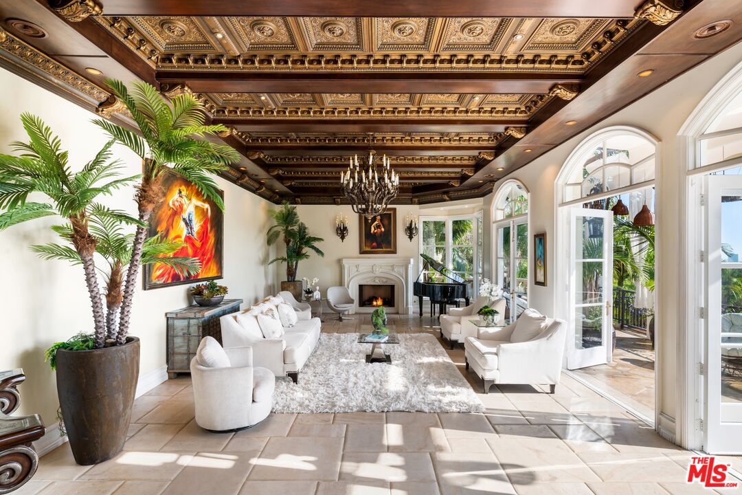 Chandelier, Fireplace, Interior, Living room, Recessed Lighting, Wooden Beams