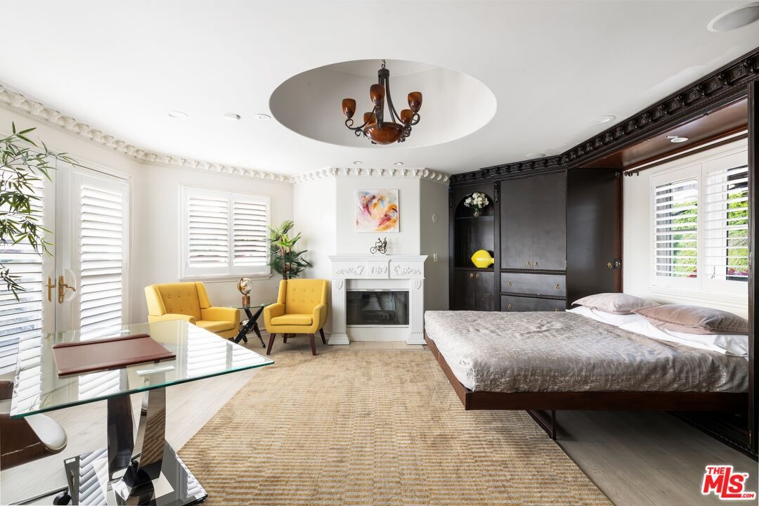 Bedroom, Chandelier, Fireplace, Interior, Wood Texture Flooring