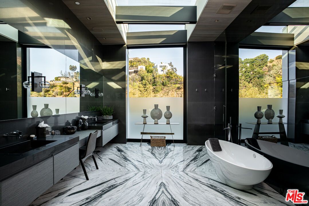 Bathroom, Dual Sink Vanities, Free Standing Baths, Interior, Marble, Recessed Lighting
