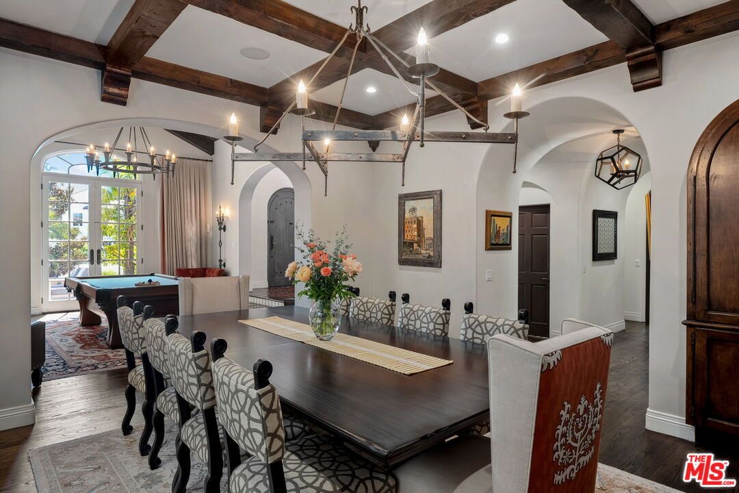 Billiard Table, Chandelier, Game Room, Interior, Pendant Lights, Recessed Lighting, Wooden Beams, Wood Texture Flooring