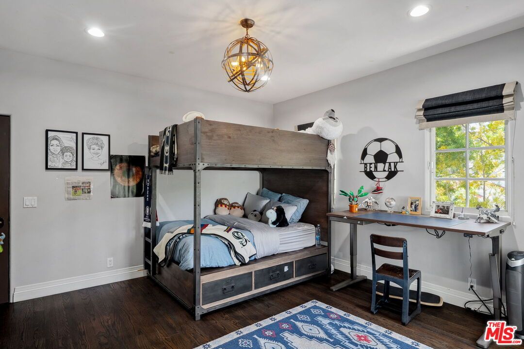 Bedroom, Chandelier, Interior, Recessed Lighting, Wood Texture Flooring