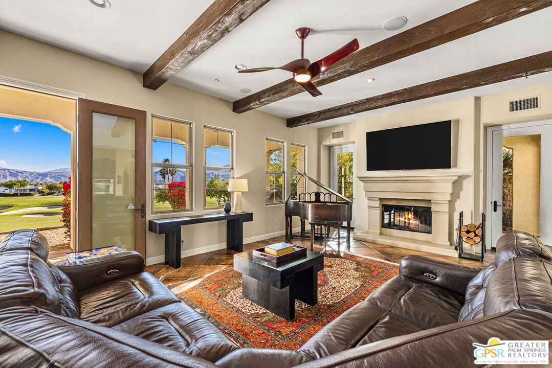 Billiard Table, Fireplace, Interior, Living room, Piano, Recessed Lighting, Wooden Beams