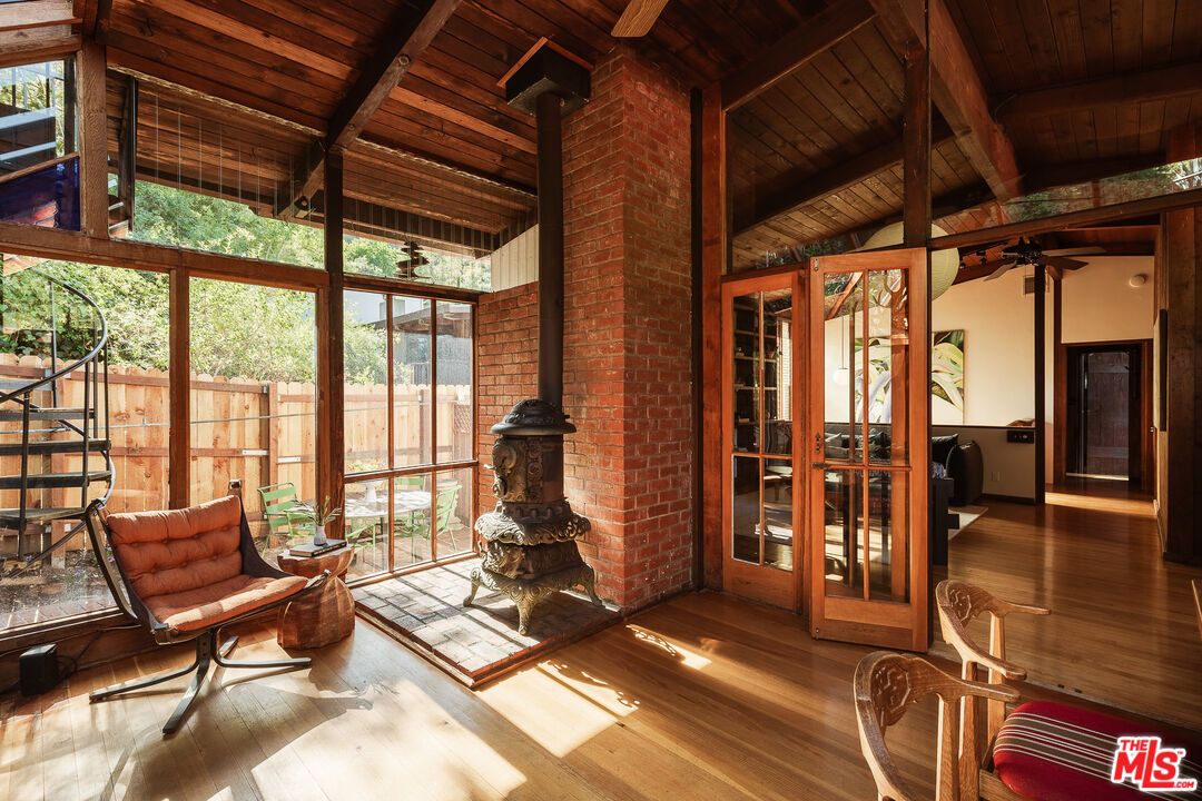 Fireplace, Interior, Stone Walls, Sun Room, Wooden Beams, Wooden Ceilings, Wood Texture Flooring