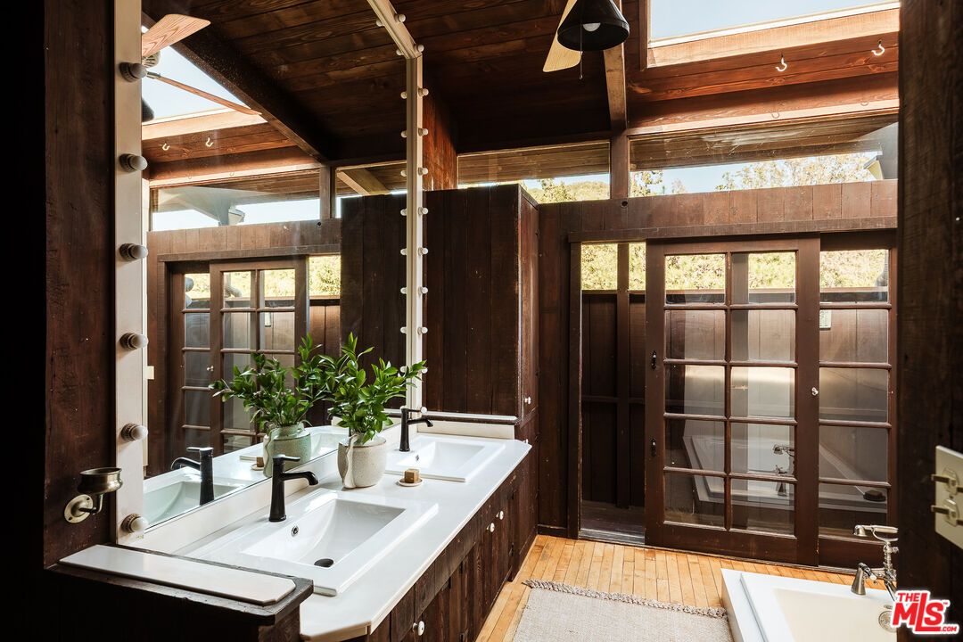 Bathroom, Dual Sink Vanities, Interior, Wooden Beams, Wooden Ceilings, Wood Texture Flooring
