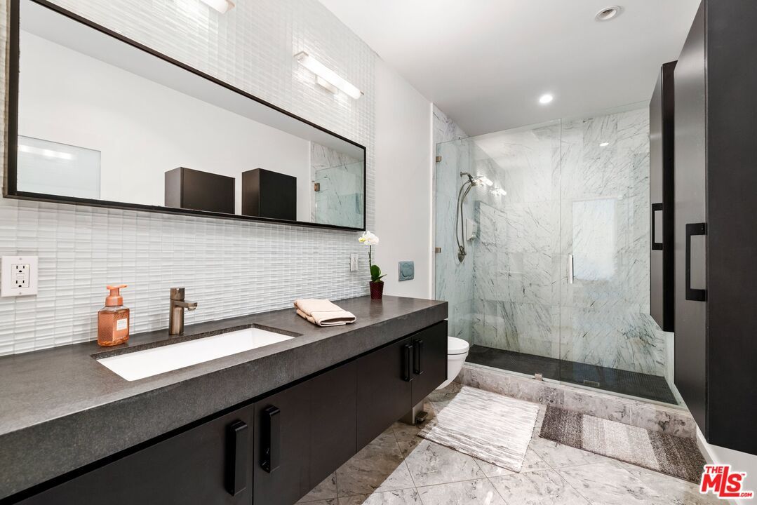 Bathroom, Glass Shower, Interior, Marble, Marble Walls, Recessed Lighting