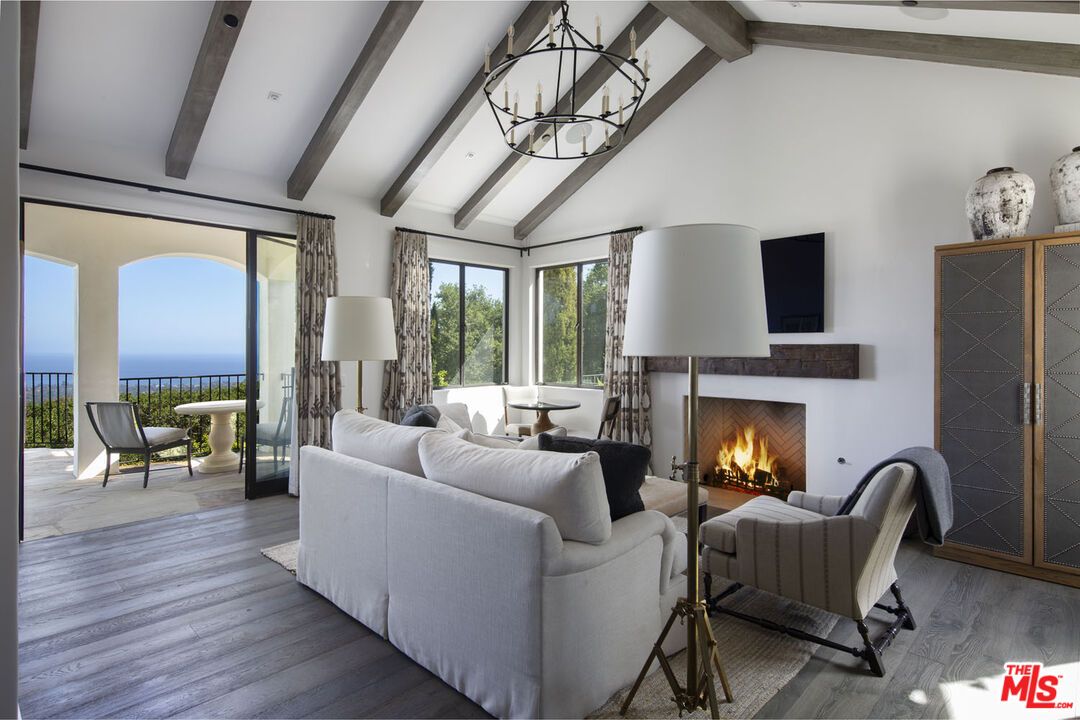 Chandelier, Fireplace, Interior, Living room, Water, Wooden Beams, Wood Texture Flooring