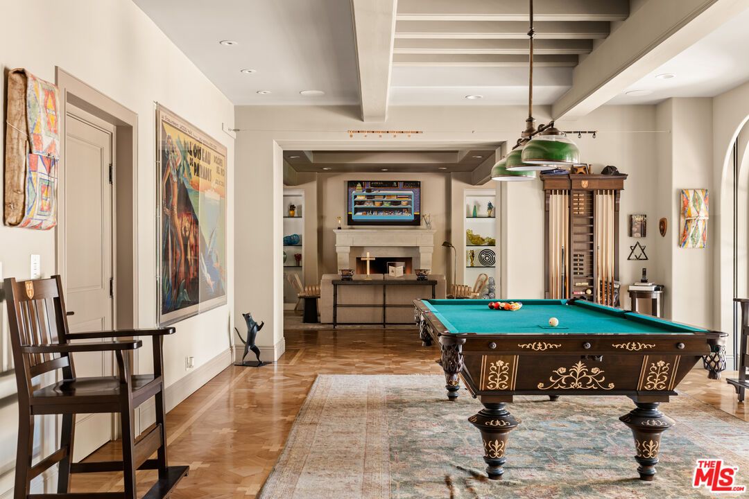 Billiard Table, Fireplace, Game Room, Interior, Pendant Lights, Recessed Lighting, Wood Texture Flooring