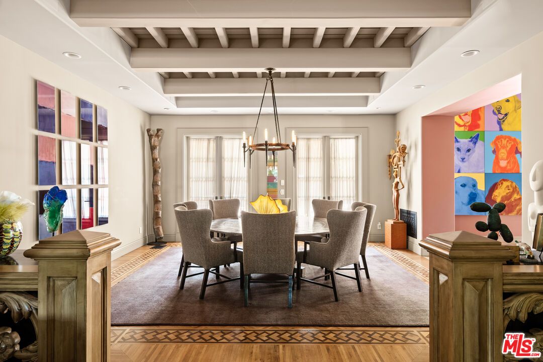 Dining room, Interior, Pendant Lights, Recessed Lighting, Wood Texture Flooring