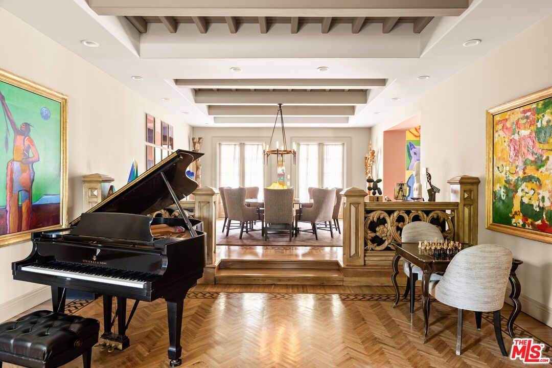 Dining room, Interior, Pendant Lights, Piano, Recessed Lighting, Wooden Beams, Wood Texture Flooring