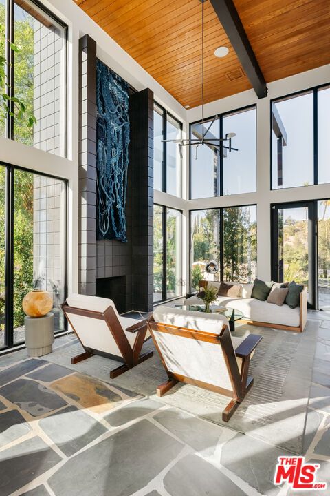 Fireplace, Interior, Living room, Pendant Lights, Recessed Lighting, Wooden Ceilings