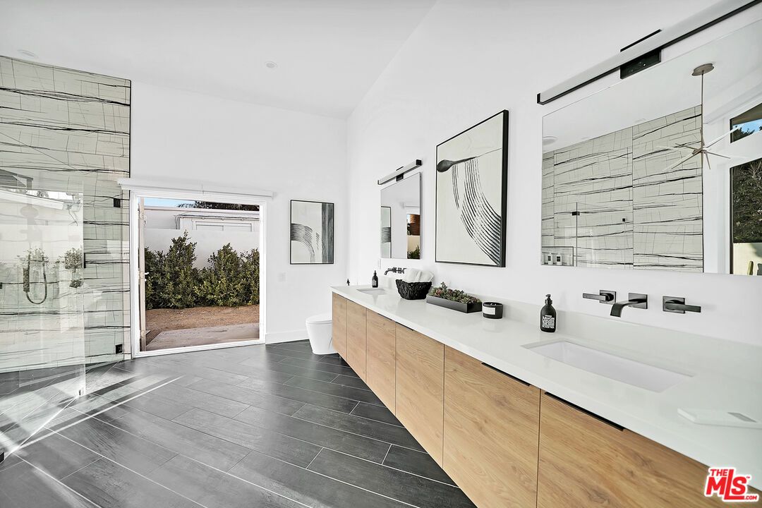 Bathroom, Dual Sink Vanities, Glass Shower, Interior, Recessed Lighting, Wood Texture Flooring