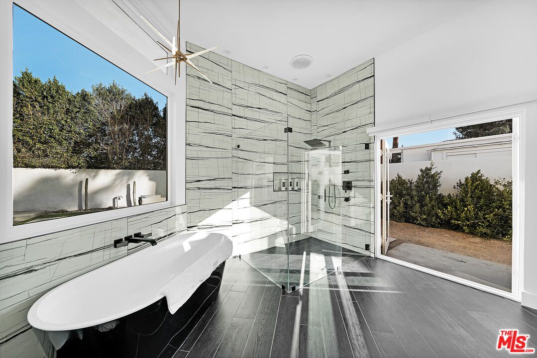 Bathroom, Free Standing Baths, Glass Shower, Interior, Recessed Lighting, Wood Texture Flooring